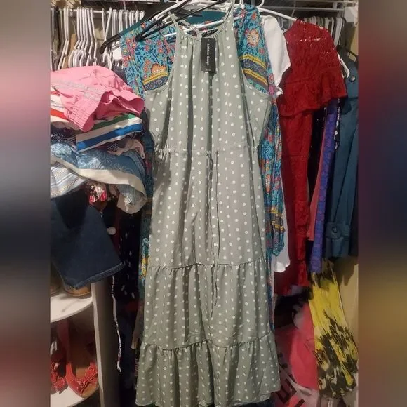 VICI Schkelier Green Polkadot High Neck Tiered Midi Dress Size Small - Picture 2 of 2